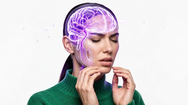Woman suffering from severe headache and migraine. Visualization of neurological stress with glowing digital brain hologram. Healthcare and medical pain concept.