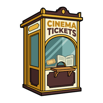 Isolated vintage cinema tickets booth in retro style with a glass window and small counter, perfect for nostalgic theater designs