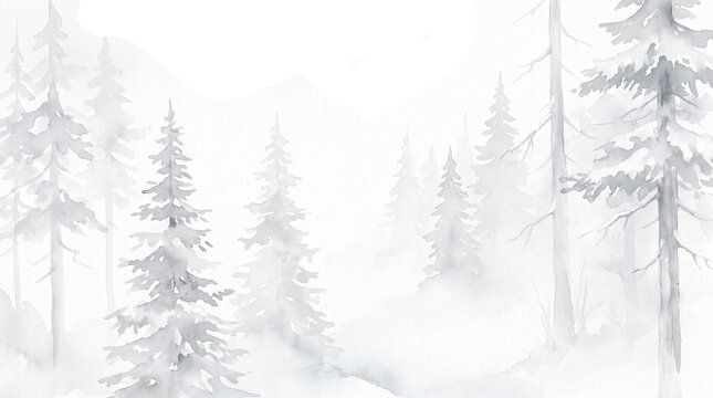 Watercolor Illustration of Misty Coniferous Fir Forest in Light Gray