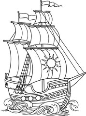 Vintage Sailing Ship Silhouette with Sun Emblem on Sails, Nautical Adventure Line Art © Febryy