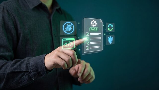 Software quality assurance and testing checklist with pass result, developer checking bug free code verification, QA test automation process, application debugging and program security validation
