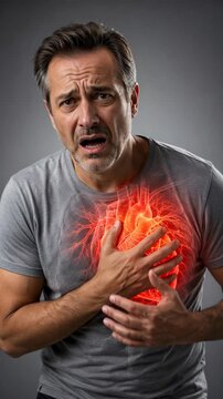 Mature man experiencing sudden chest pain and heart attack. Realistic medical illustration of cardiac distress. Healthcare concept for heart disease and emergency.