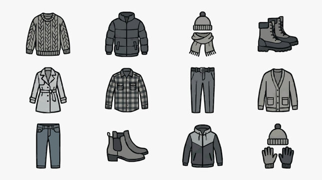 Minimalist Black and Gray Winter Clothing and Accessories Flat Set with high quality professional line art symbols for modern creative design and digital branding projects