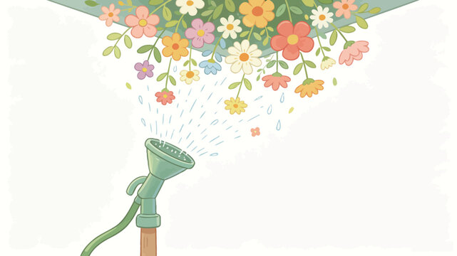 Colorful water sprays from a garden hose creating a floral shower of blossoms and leaves in a