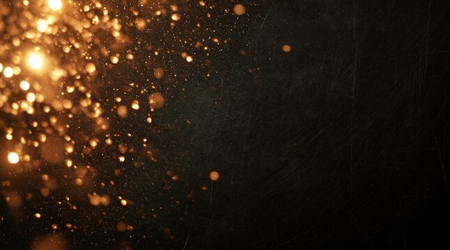 Golden glowing particles on dark background, magical bokeh sparkles