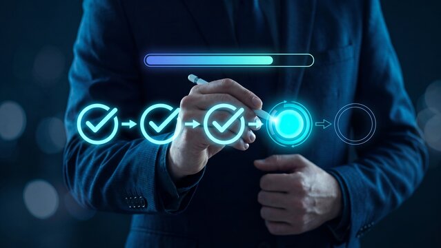 Project task completion and progress tracking, businessman marking workflow process steps with checkmark, milestone achievement status bar, business plan execution and quality control checklist