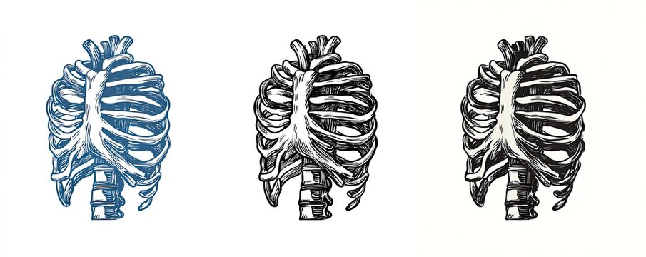Three skeletal rib cages in varying monochrome colors, displayed on a clean white background
