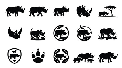 Collection of stylized rhinoceros icons and symbols in various poses and settings, representing wildlife and conservation. © yuanita