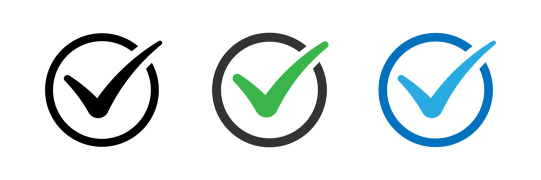 Checkmark icon set, tick mark with circle representing approval, success, yes, ok, vote and positive sign. Transparent vector and PNG