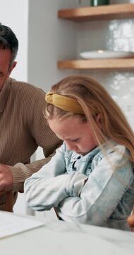 Dad, child and learning with difficulty in home for bad attitude, discipline or misbehavior. Father, kid or academic struggle with stubborn daughter for education, ADHD or lazy student in house