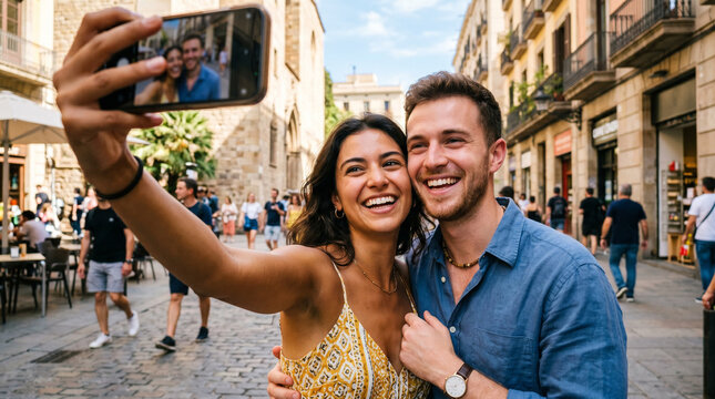 Happy couple taking a selfie on a sunny street in Europe, smiling and enjoying vacation