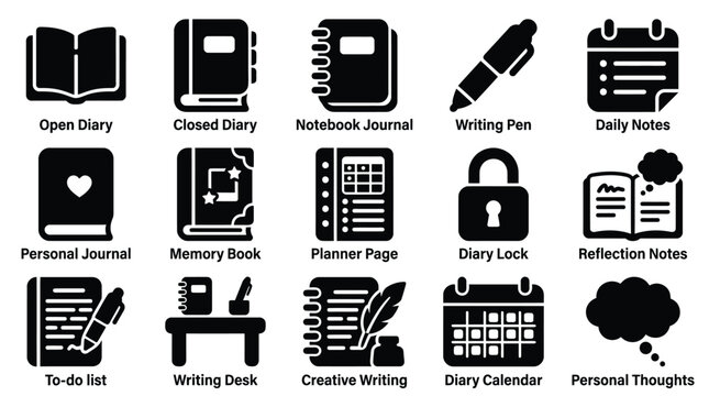 Collection of black and white icons representing various journaling and writing tools and concepts.