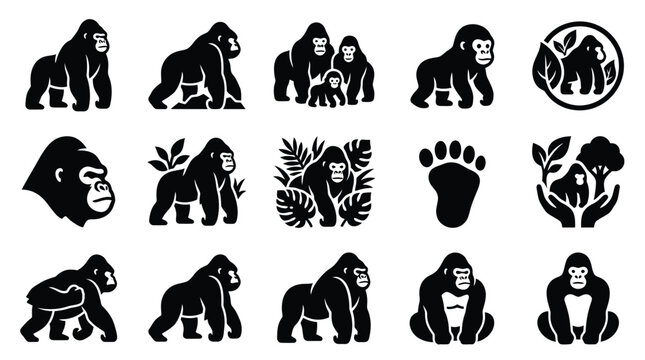 Collection of Gorilla Icons and Symbols Representing Wildlife and Nature Conservation.