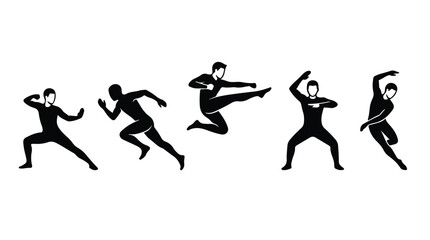 Martial arts silhouette set with 5 fighter icons, black karate and kung fu poses, athletic combat sports vector elements for gym branding © Saad