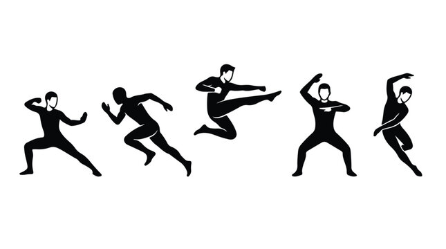 Martial arts silhouette set with 5 fighter icons, black karate and kung fu poses, athletic combat sports vector elements for gym branding