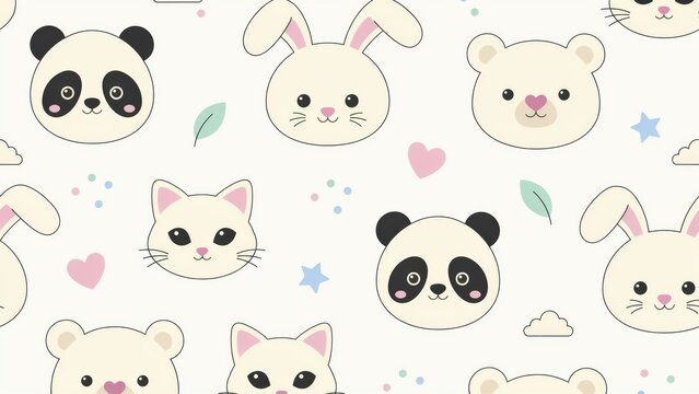 Repeating pattern of adorable cartoon animal heads including panda, rabbit, cat, and bear with hearts, stars, and leaves on a light background