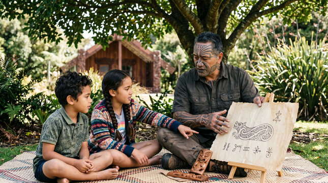 Maori Elder Teaches Children Traditional Art and Culture Outdoors