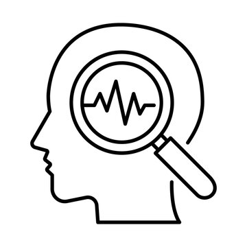 Anxiety icon. Human profile with magnifying glass analyzing brain waves representing overthinking, worry, panic, and mental scrutiny.