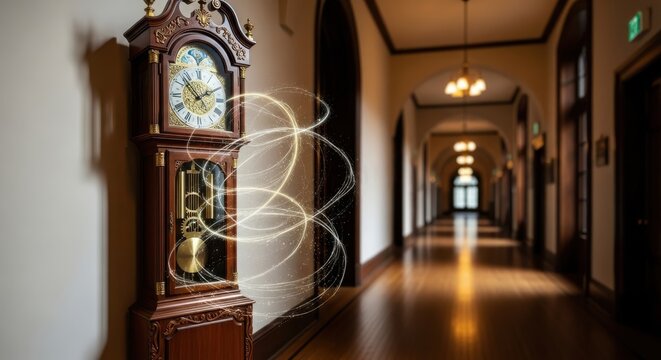 Ornate Grandfather Clock in a Long Hallway