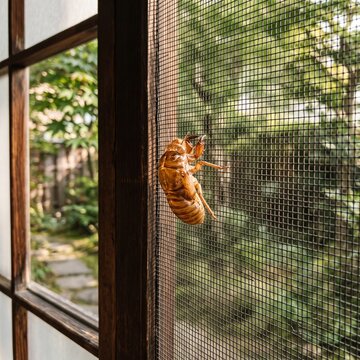 Cicada Shell Clinging To Japanese Window Screen In Summer