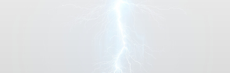 Bright lightning bolt striking down against a light gray background, showcasing intricate branching patterns and a vivid electric glow emanating from the center © newname02