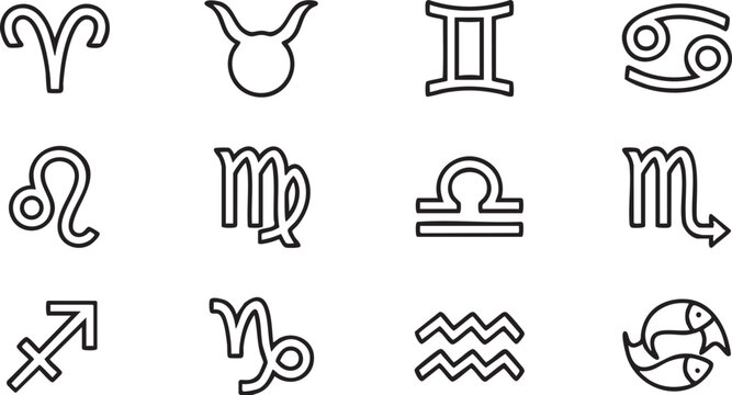 Zodiac signs horoscope vector illustration set with twelve astrological symbols isolated on grey.