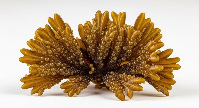 Detailed macro view of brown fucus seaweed featuring organic textures and bubbly fronds isolated against a minimalist white background, fucus, specimen, phaeophyceae