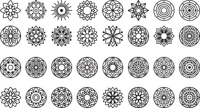 Mandala design elements collection vector illustration isolated flat style set simple black shapes.