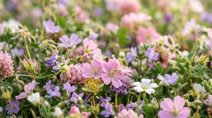 Obraz premium A close-up photograph captures a vibrant wildflower meadow filled with a diverse array of small, colorful blossoms. A honeybee diligently collects nectar from a pink flower.