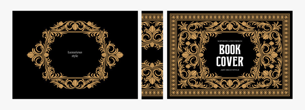 Elegant horizontal vintage book cover design with ornate Baroque frame, decorative gold ornaments, and luxurious retro style for publications, albums, posters, and premium layouts