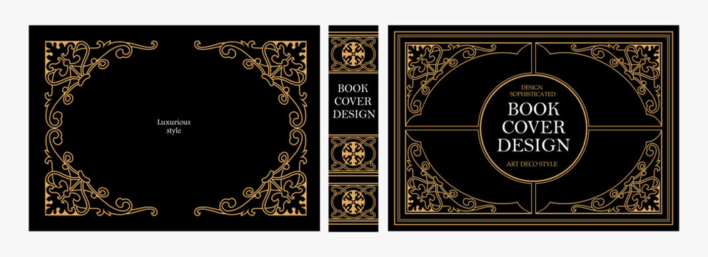 Elegant horizontal vintage book cover design with ornate Art Deco frame, geometric decorative ornaments, and luxurious retro style for publications, albums, posters, and premium layouts