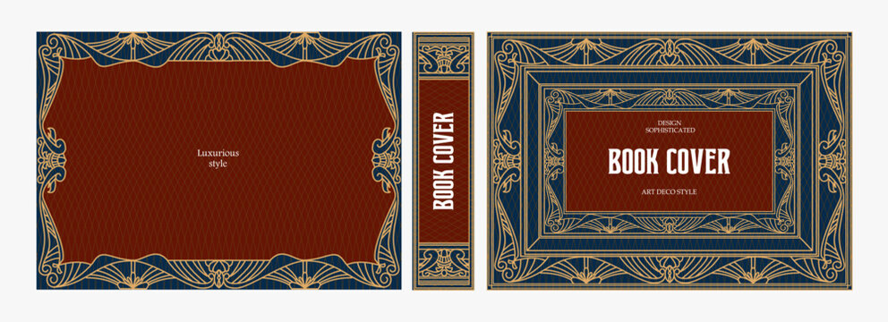 Elegant horizontal vintage book cover design with ornate Art Deco frame, geometric decorative ornaments, and luxurious retro style for publications, albums, posters, and premium layouts