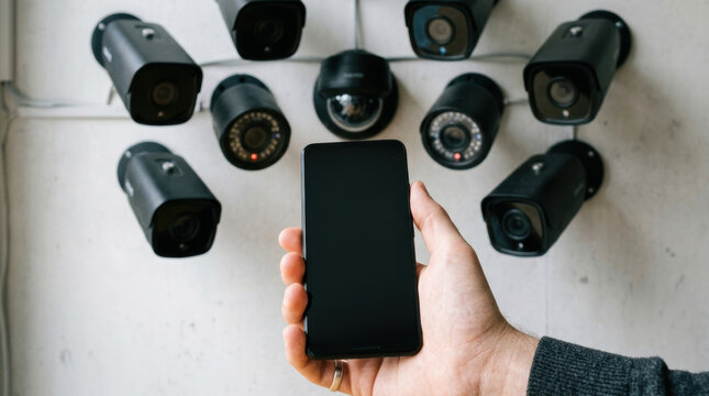 Surveillance camera system with multiple security cameras and person holding smartphone highlighting data privacy concerns modern monitoring
