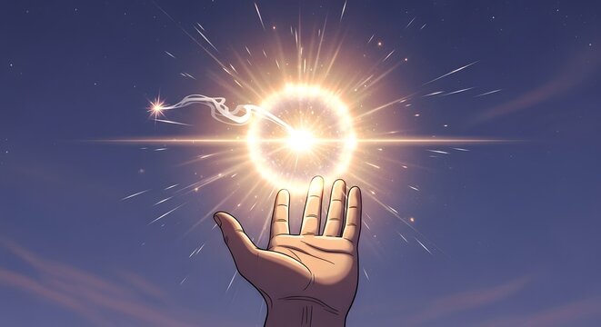 A mystical human hand reaching out to capture a brilliant glowing sphere of celestial light energy in a vast twilight sky filled with magical aura