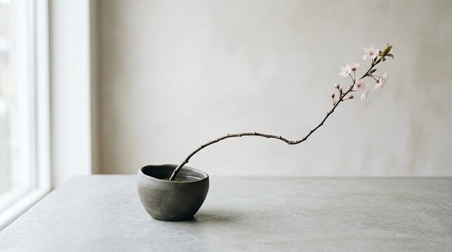 A single cherry blossom branch rests in a dark ceramic vase on a light gray table. The vase is placed near a window with a plain white wall in the background.