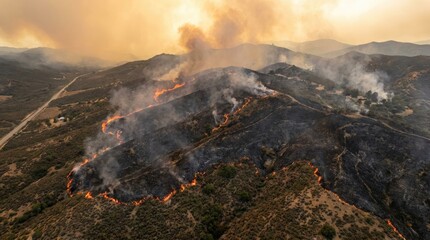 Fototapeta premium A large wildfire rages across a mountainous landscape, consuming dry brush and trees.