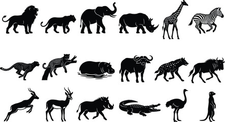 Set of black African wild animal silhouettes, collection of safari wildlife icons isolated on a white background © MDMORSALIN