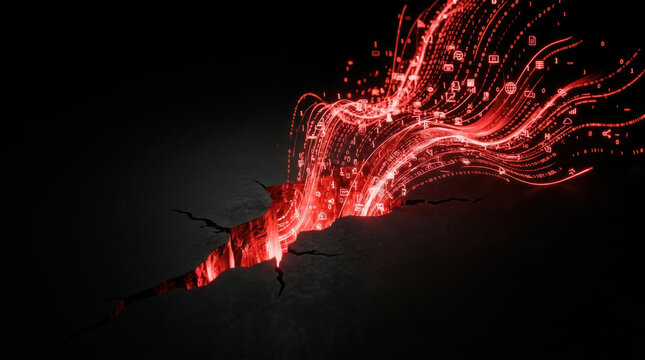 Digital data flow emerging from cracked surface symbolizes data privacy concerns in technology and cybersecurity