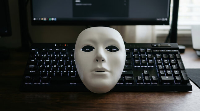 White mask on computer keyboard symbolizes data privacy concerns in digital security and online identity protection