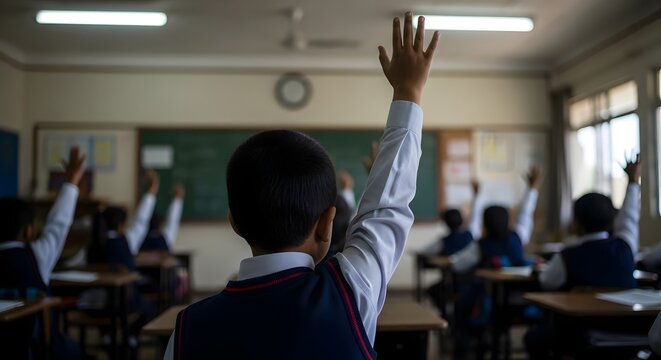 Diverse Students Raising Hands to Participate in a Classroom Lesson for Academic Engagement and Educational Learning Environment