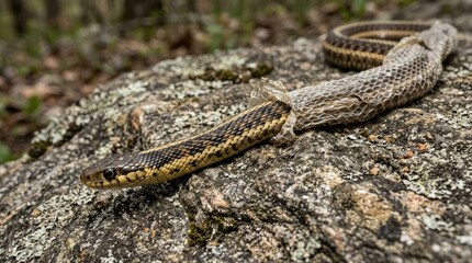 Obraz premium A garter snake coils around a piece of plastic trash on a mossy rock. The snake’s head is raised, and it appears to be observing its surroundings.