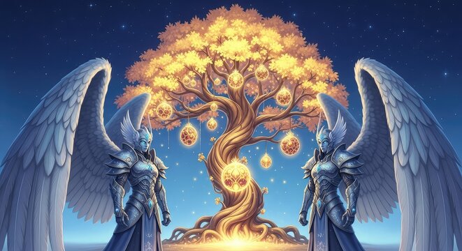 Majestic celestial guardians with massive feathered wings stand watch before a radiant ancient tree of life glowing with golden light and fruit, feathers, cherubim, lore