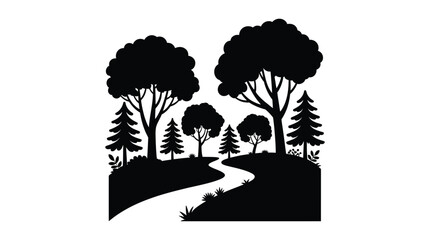 Black silhouette forest landscape with winding river nature scene vector illustration © TANJIL