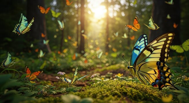 Multitud de mariposas de colores vibrantes volando entre la densa vegetaci&oacute;n de un bosque m&aacute;gico bajo la luz c&aacute;lida del sol de la ma&ntilde;ana, vibrante, frescura, verde