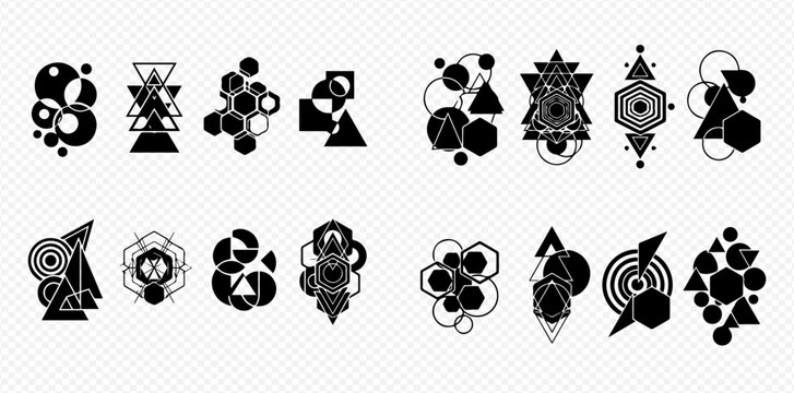 Set of geometric abstract shapes and sacred geometry designs in black and white.