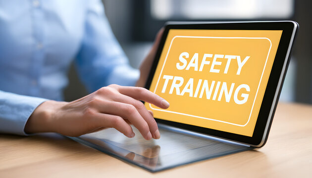 The sentence appears to be a list of statements rather than a single sentence. If you want to combine them into a single sentence, it should be:

"Person uses a tablet for an online safety training co