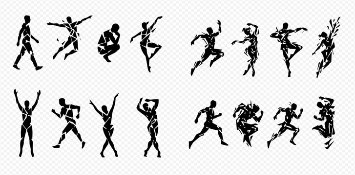 Set of black silhouettes of people in various dynamic poses, including walking, jumping, running, and dancing, with abstract elements.