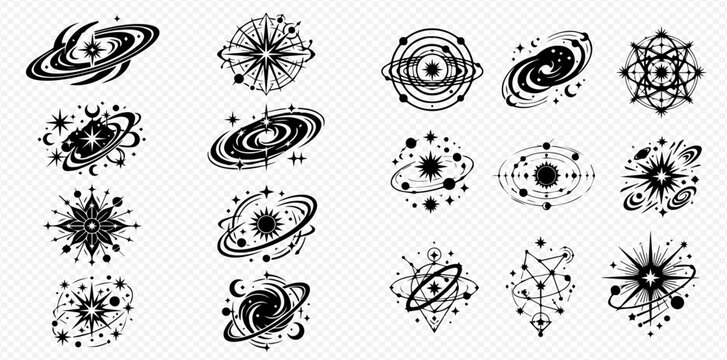 Set of mystical celestial elements, including galaxies, stars, and cosmic symbols, ideal for spiritual and astrological designs.