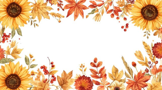 Hand painted watercolor autumn floral frame featuring sunflowers maple leaves berries and wheat on white background with colorful watercolor