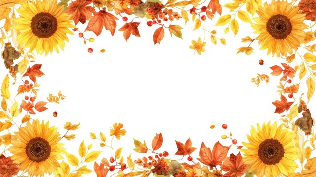 Hand painted watercolor autumn floral frame featuring sunflowers maple leaves berries and wheat on white background with colorful watercolor